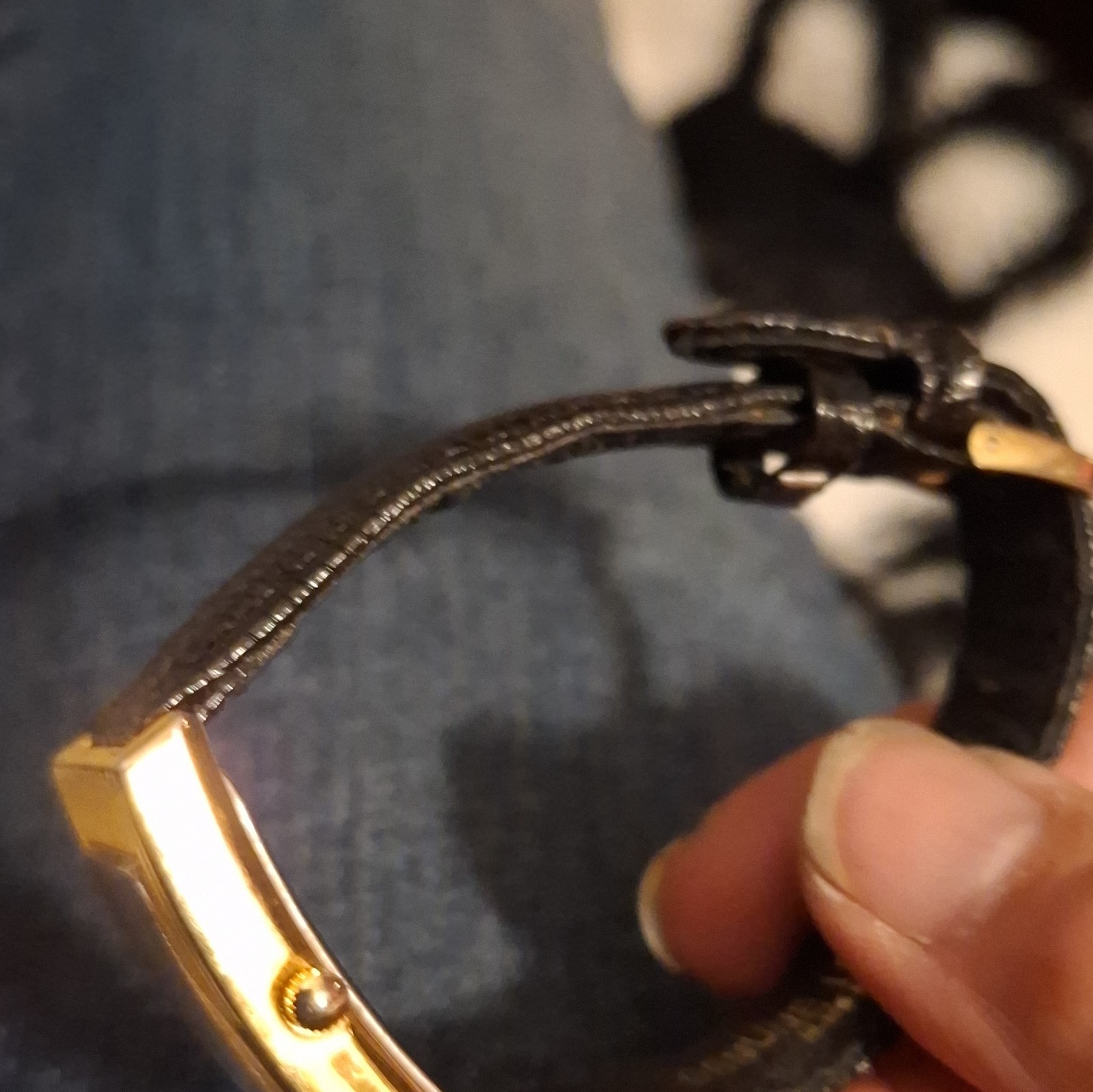Diamante Quartz Diamond Rectangle Watch Blue Dial, Gold, Black Leather