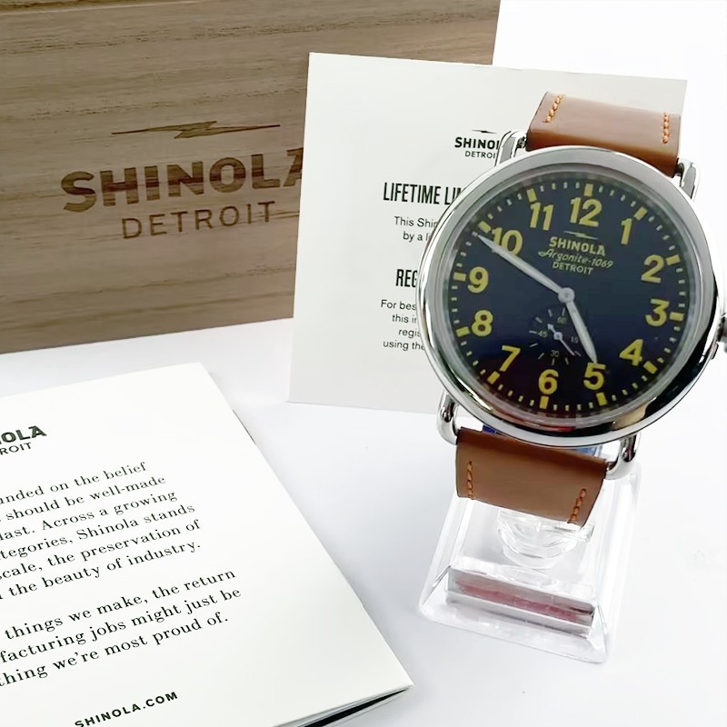 Men Shinola Runwell Argonite 1069 Black Dial Quartz New Watch 47mm Leather Strap