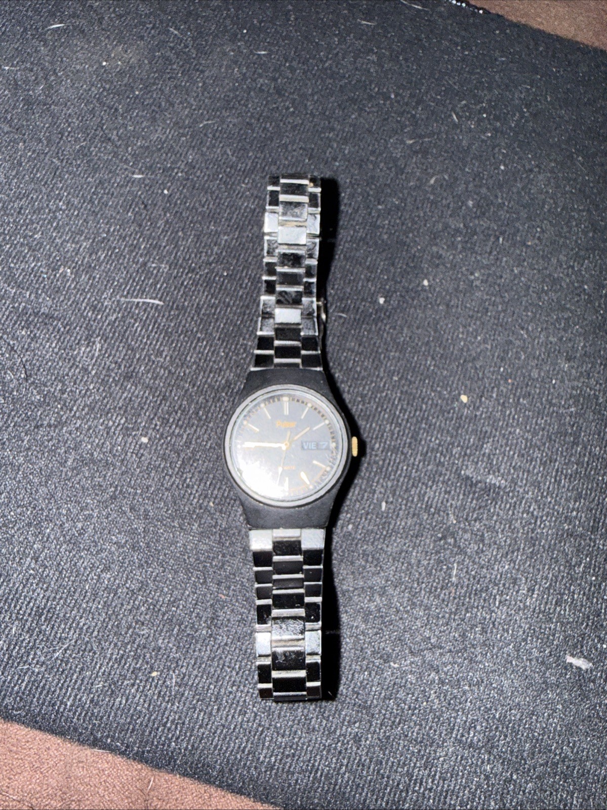 Vtg Pulsar Day Date Watch Black Dial Black Metal Band V248-0030 22.6mm Untested
