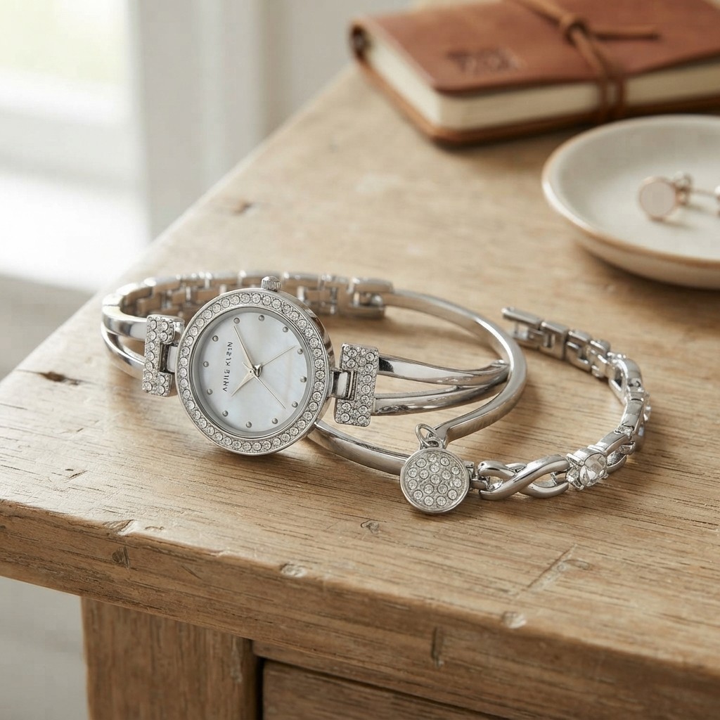 Stylish Women’s Silver Bangle Watch with Crystal Accents & Mother of Pearl Face