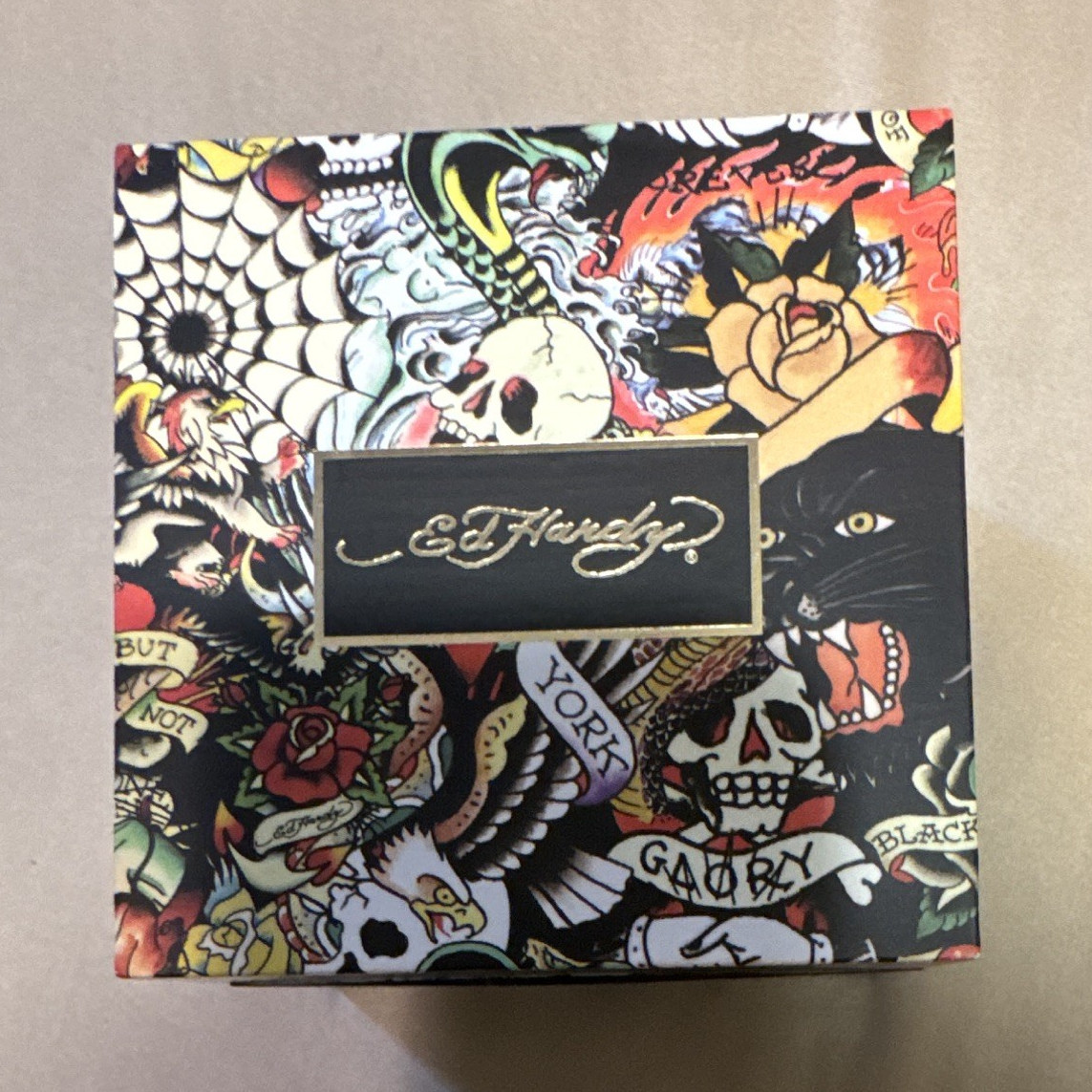 Ed Hardy Quartz Black Dial Gold-Tone Bracelet Watch Fixed Bezel w/ Box