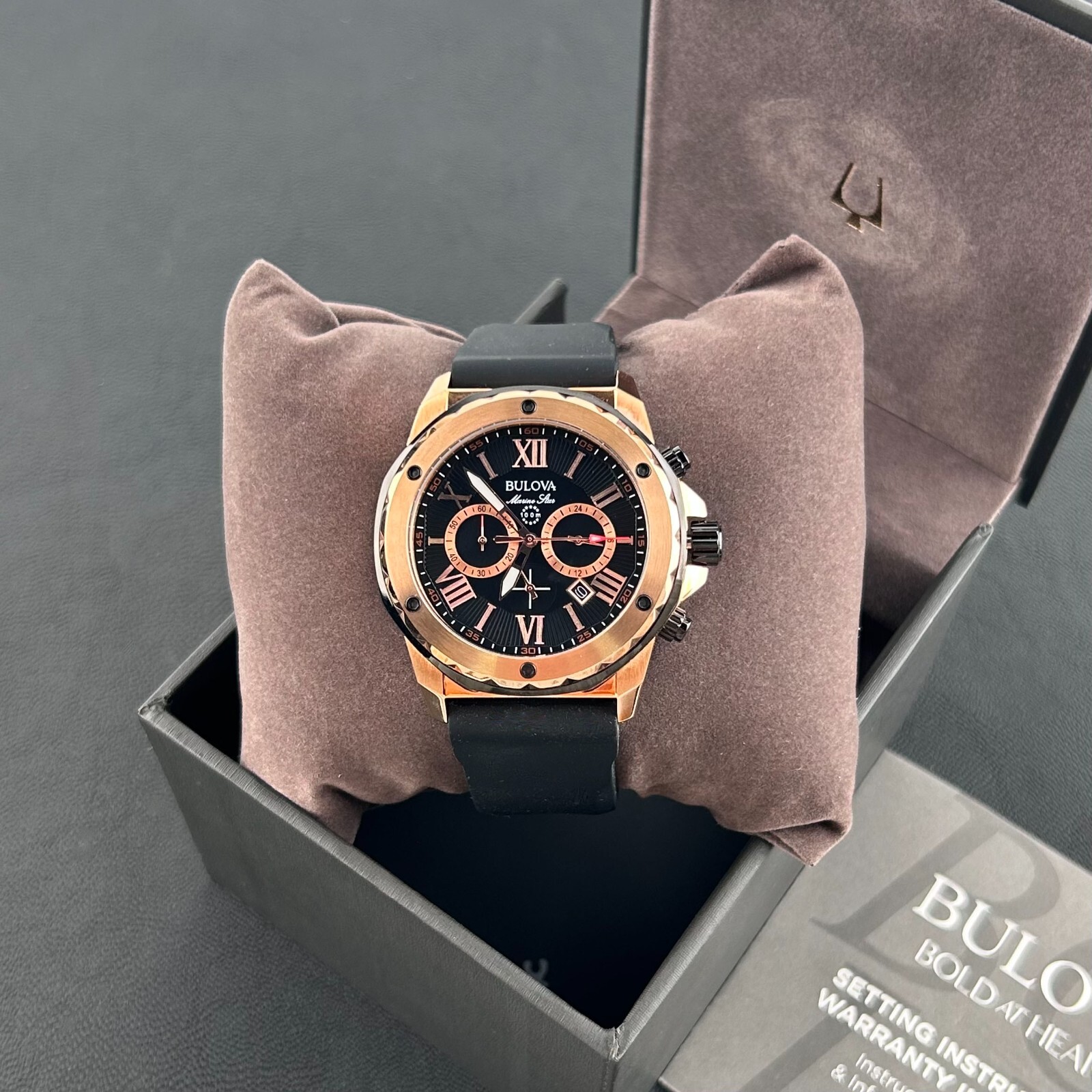 Bulova Marine Star Men’s Black Dial Black Rubber Strap 44mm Quartz Watch 98B104