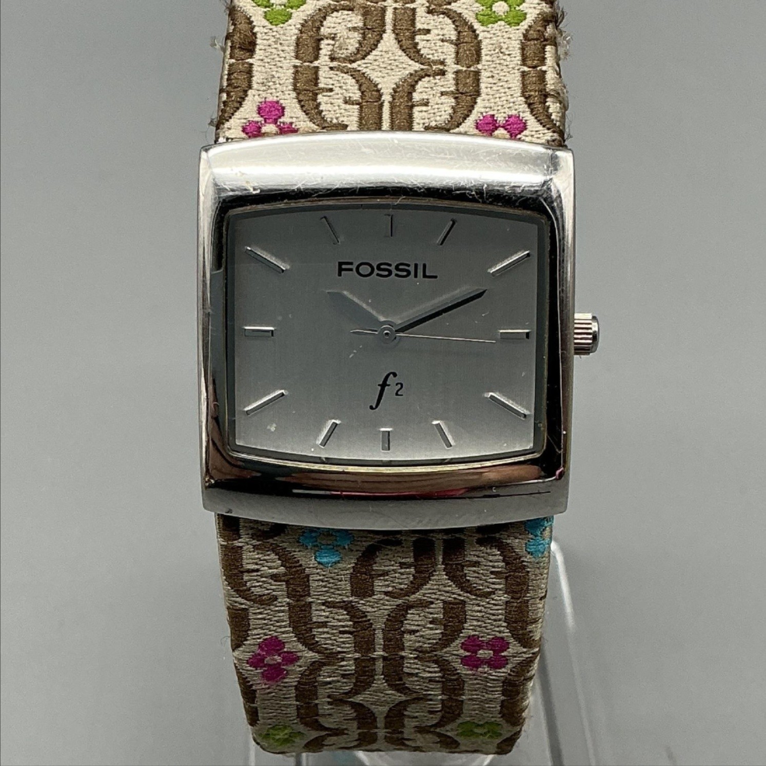 Fossil F2 Womens Watch 26mm Stainless Brown Logo Fabric Leather New Battery