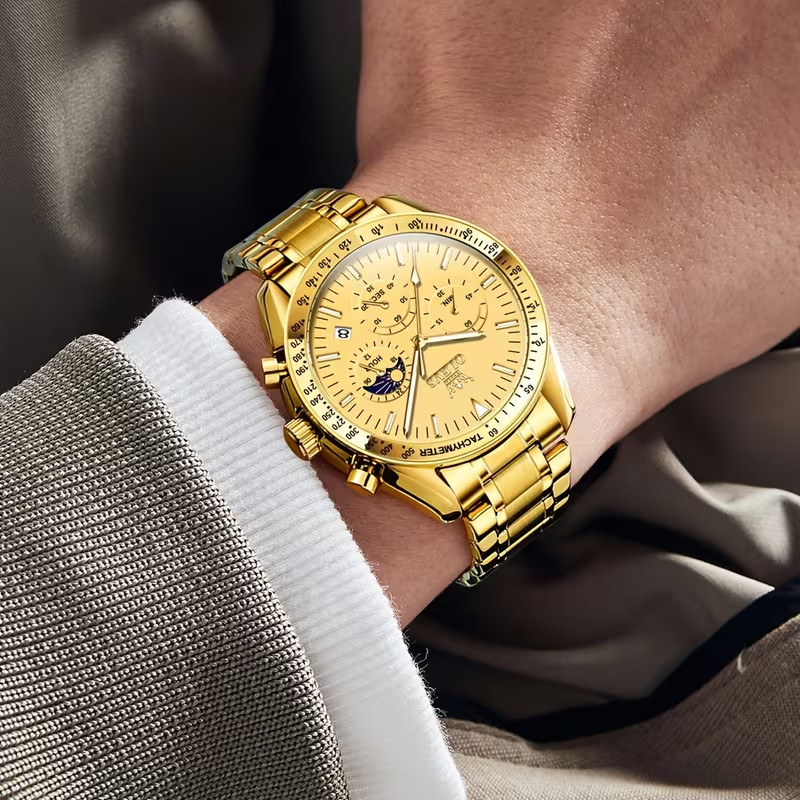 OLEVS 3618 Mens Watch Gold Stainless Steel Luxury Business Quartz Chrono Moonpha