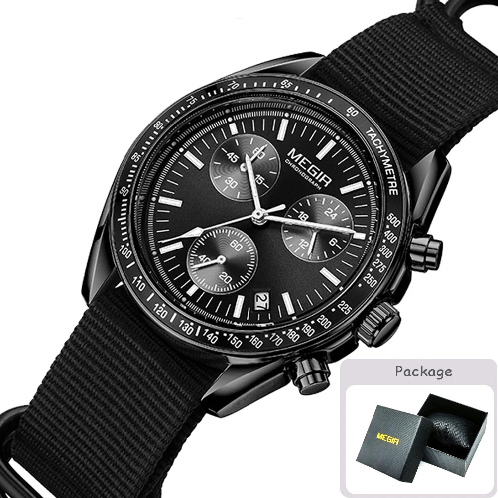 MEGIR New Luxury Men’s Watches Canvas Weaving Strap Sport Automatic Chronograph