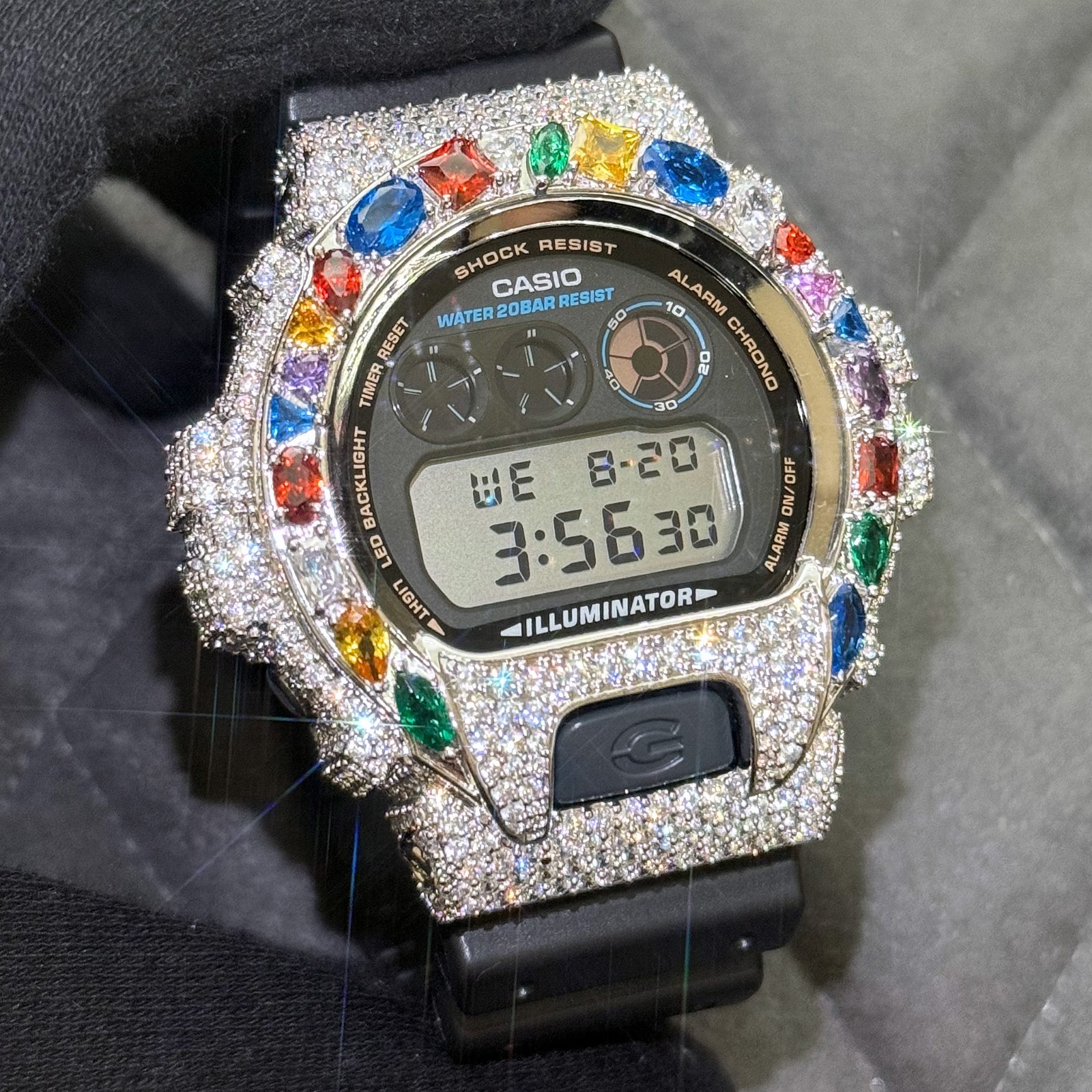 Authentic Casio G-Shock DW6900 Custom Multi Color Gemstone Iced Out Watch Silver
