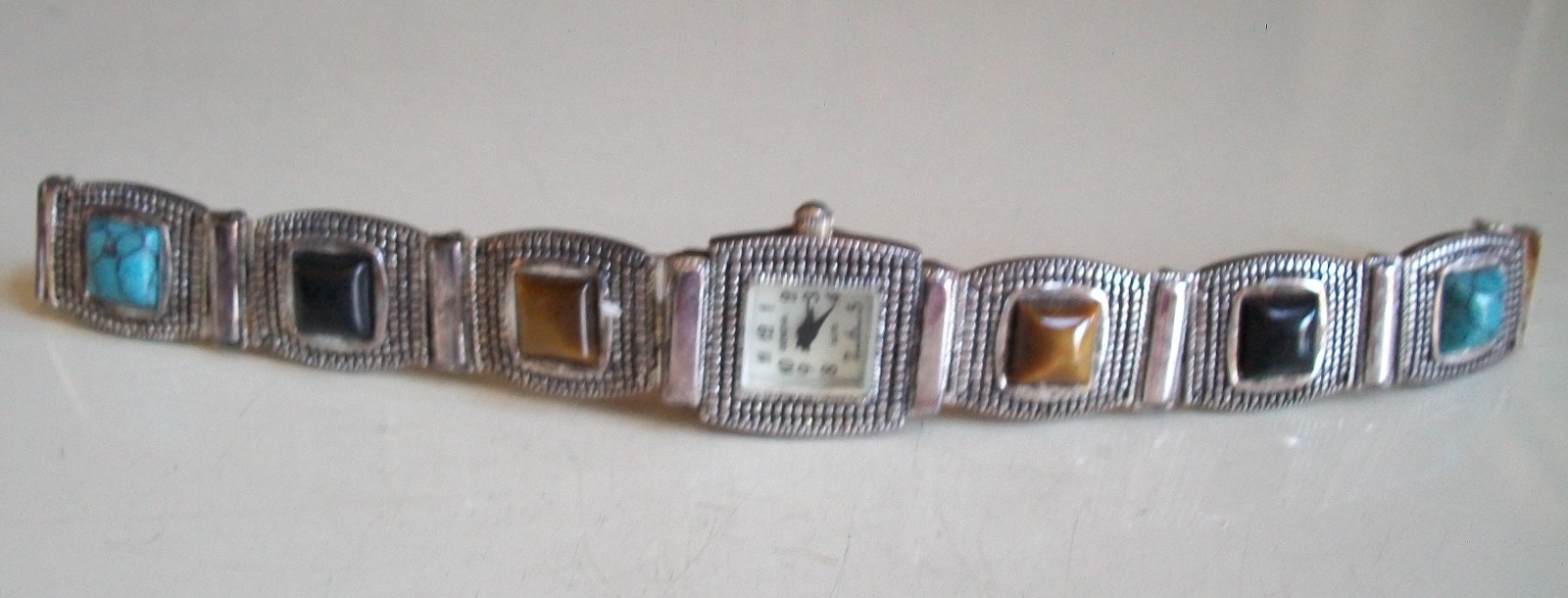 Women Faux Multicolor Stones Silver Finish Fashion Clasp Closure Bracelet Watch