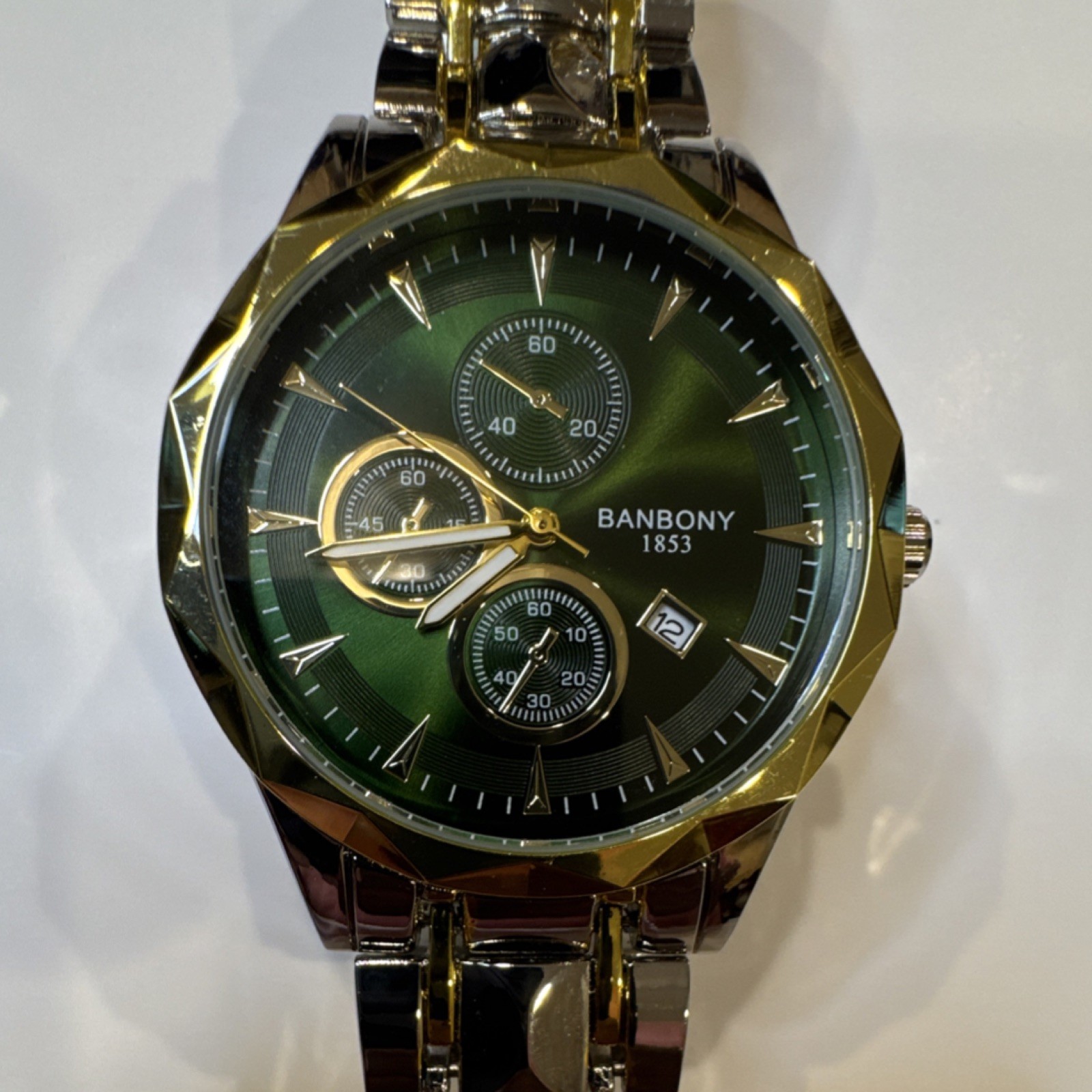Banbony 1853 Men’s Green Dial Two-Tone SS Bracelet Quartz Date 43mm Watch
