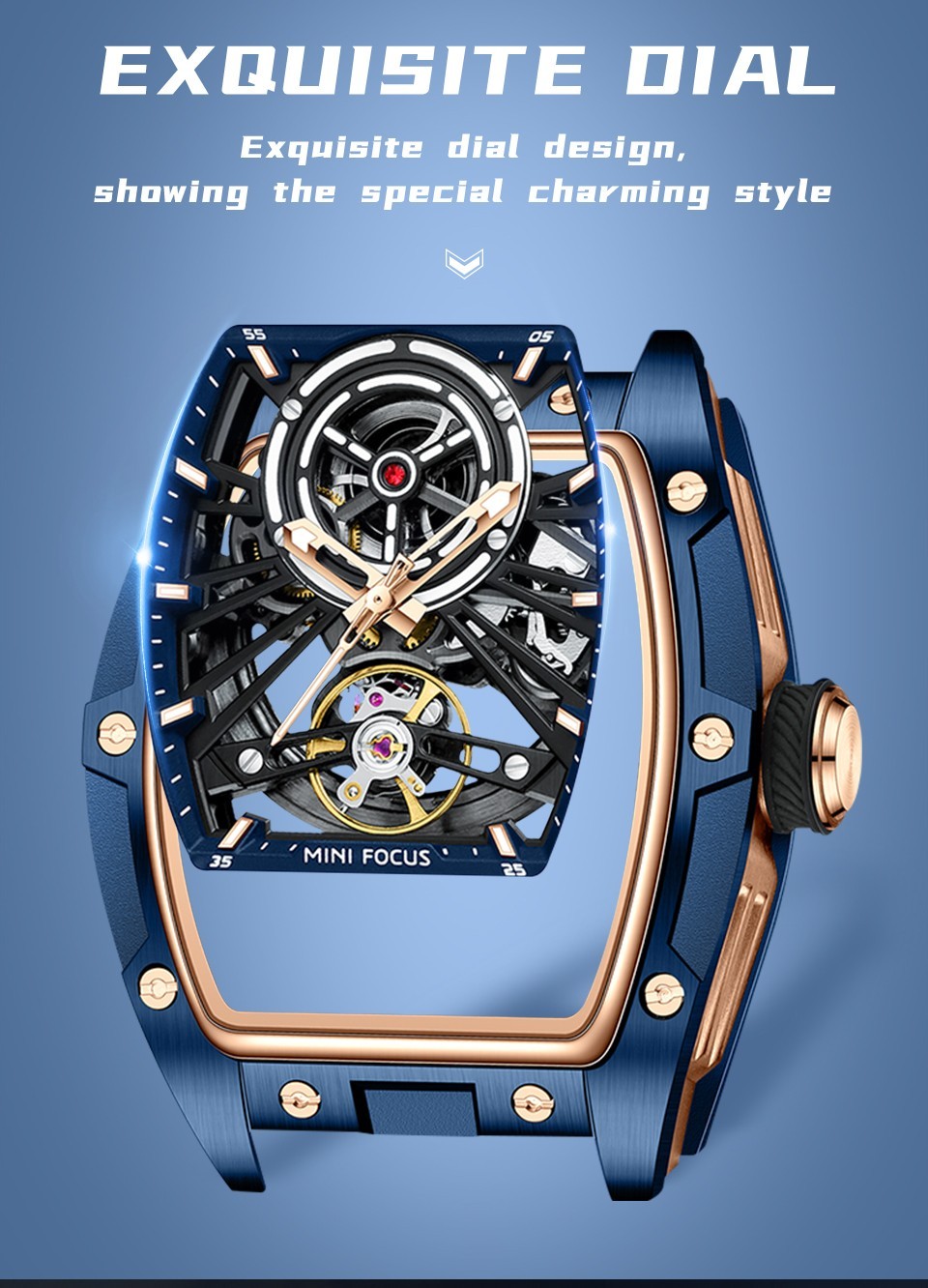 MINI FOCUS Men’s Tonneau Skeleton Flywheel Silicone Automatic Mechanical Watch