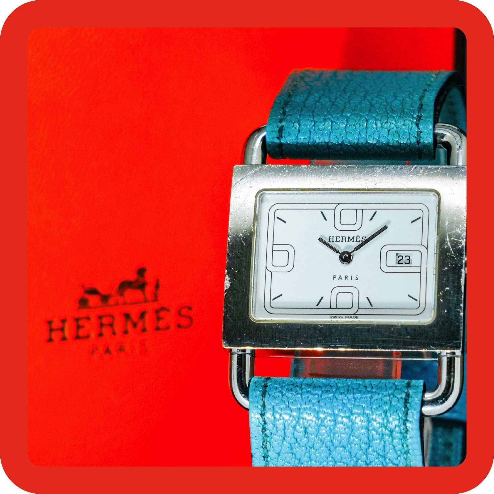 Vintage HERMES Barenia BA1.510 White Dial Date Square Quartz Unisex Adults