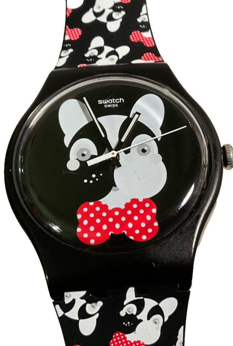 SWATCH FRENCH BULLDOG ANDY BABY 40mm WATCH BLACK-WHITE-RED DIAL & STRAP NEW BATT