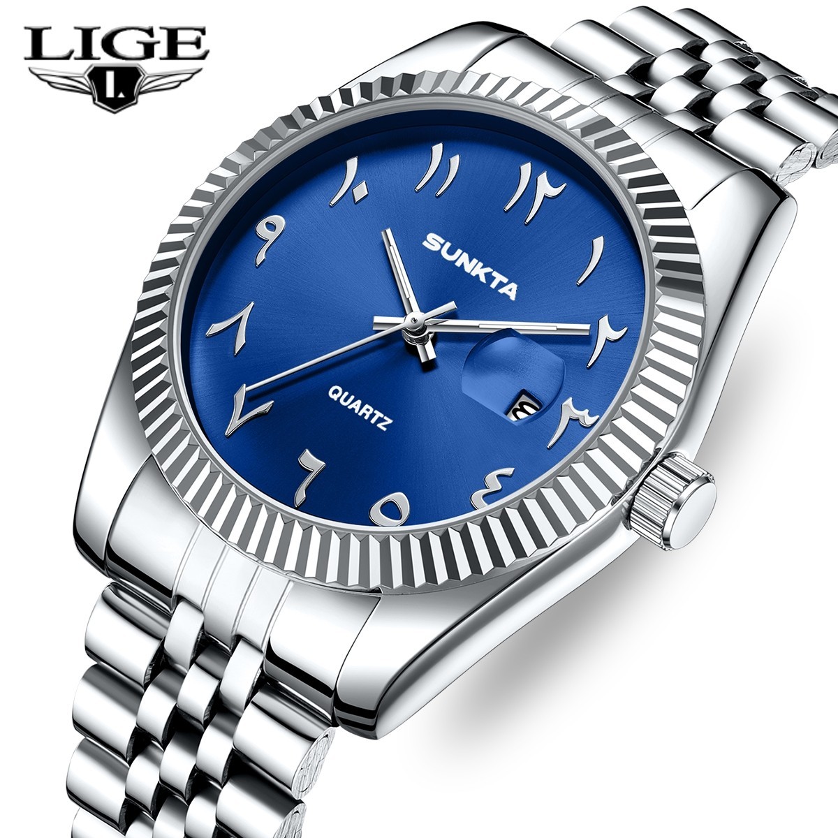 LIGE Men Business Watch Quartz Date Stainless Steel 3ATM Waterproof Wristwatch