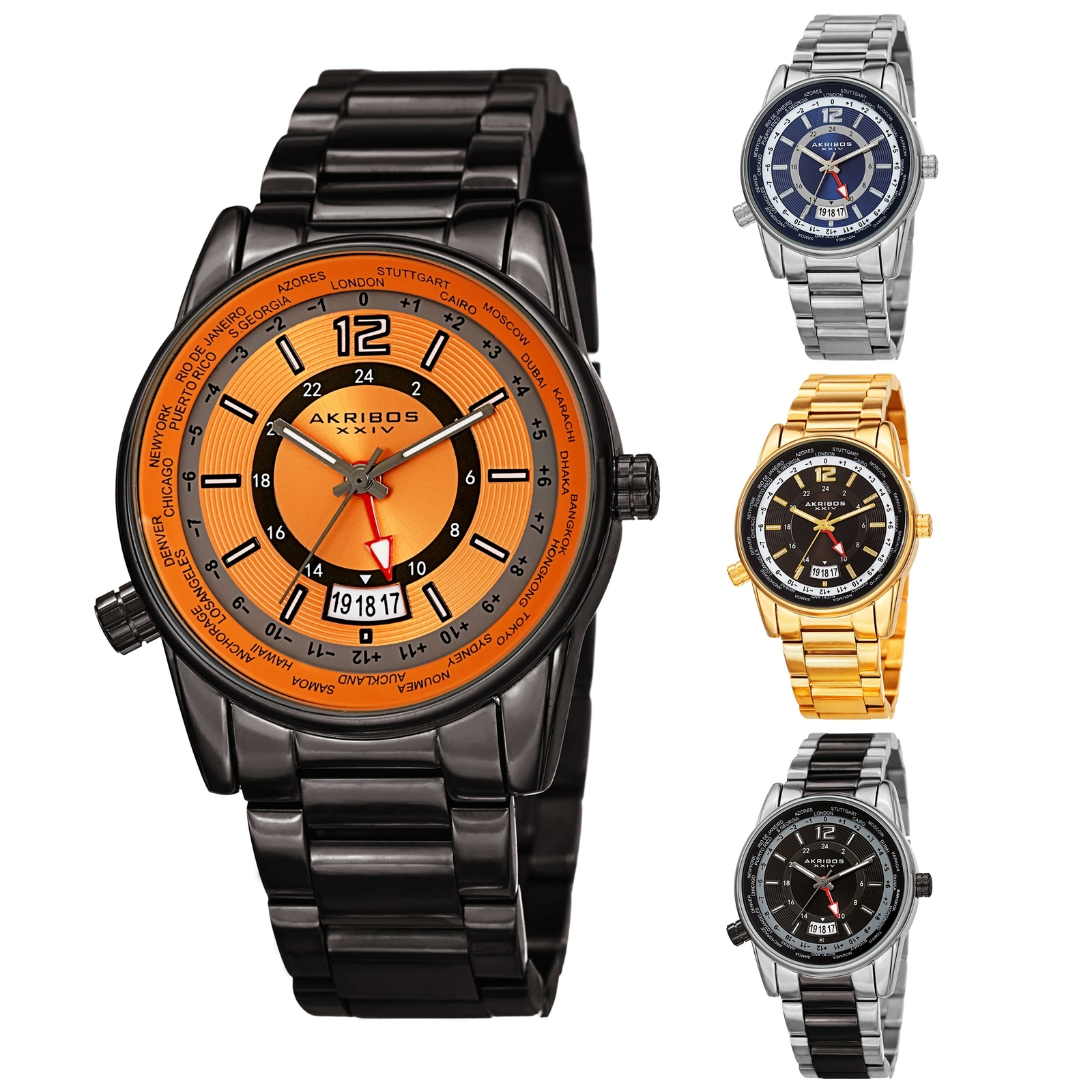 Men’s Akribos XXIV AK1021 Quartz GMT Multifunction Stainless Steel Bracelet wa