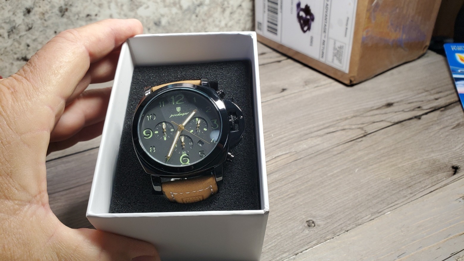 POEDAGAR Men’s Cushion Case Crown Guard Chronograph Quartz Watch