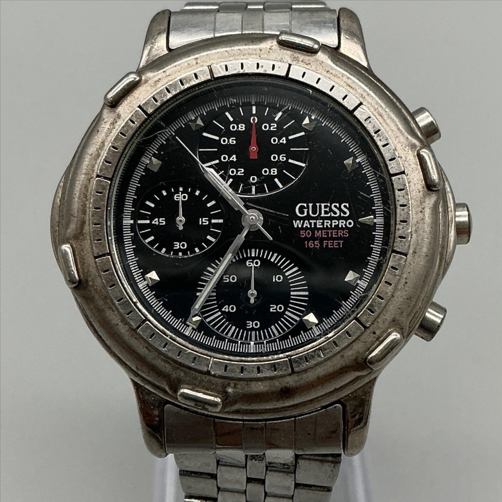 Vtg Guess Waterpro Mens Watch 40mm Black Dial Stainless Chrono New Battery 6.75″