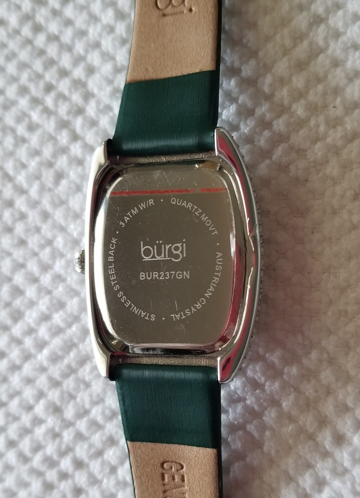Burgi Two Tone Watch Pave Bezel Green Dial & Leather Band 6″-7″ New Battery