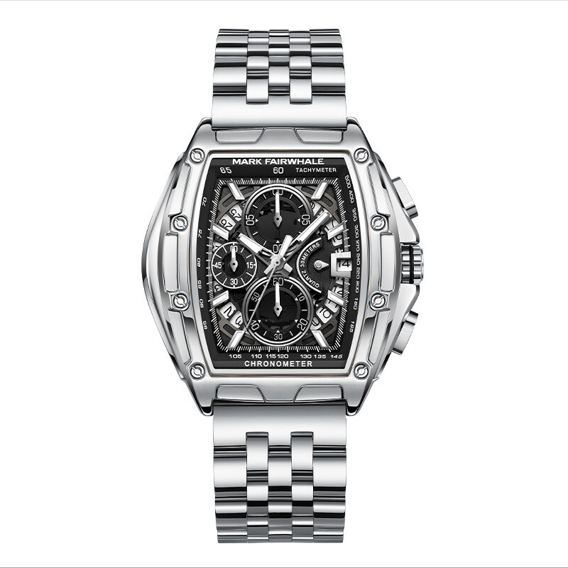 MARK FAIRWHALE Tonneau Multifunction Chronograph Calendar Luminous Quartz Watch