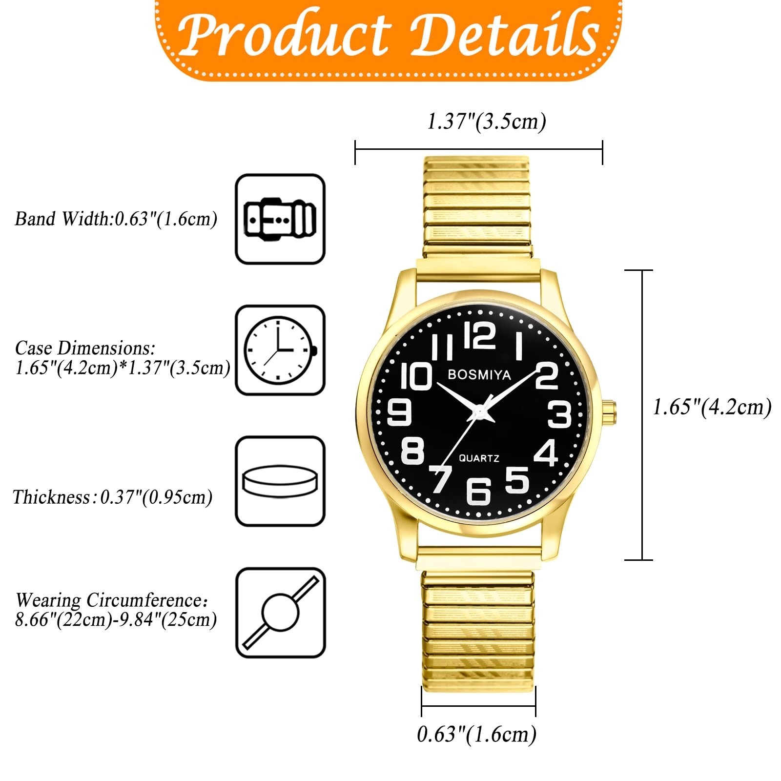 Stylish Men’s Elastic Watch – Stretch Band, Large Clear Dial, Easy to Read, Gold