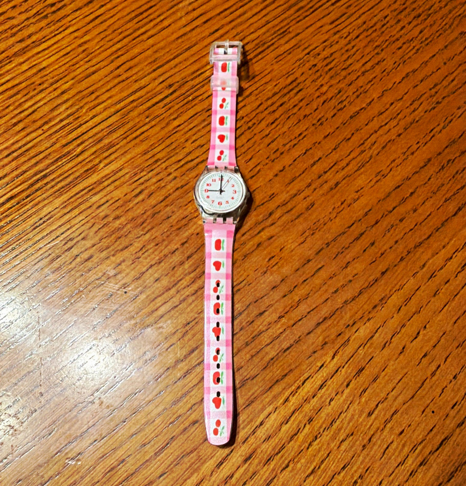 Swatch Lady Quartz Analog Fruit Dial Clear Plastic Case Pink Strap 25mm