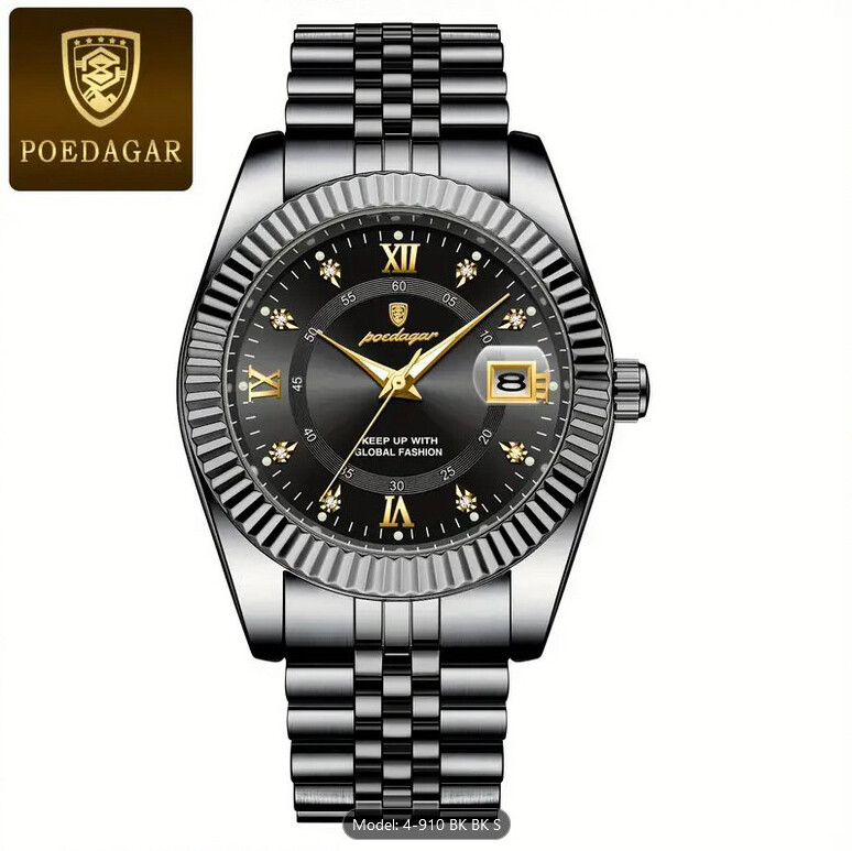 Poedagar Rhinestone Black Dial Watch Matching Black Bracelet Sieko Movement