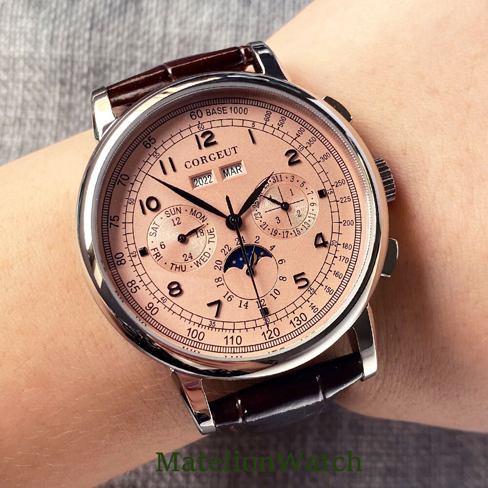 Corgeut 42mm Silver/Rose Gold Automatic Mens Watch Day Date Month Year Day/Night