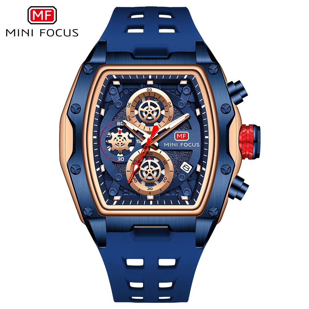 MINI FOCUS Men Tonneau Skeleton Multifunction Chronograph Calendar Quartz Watch