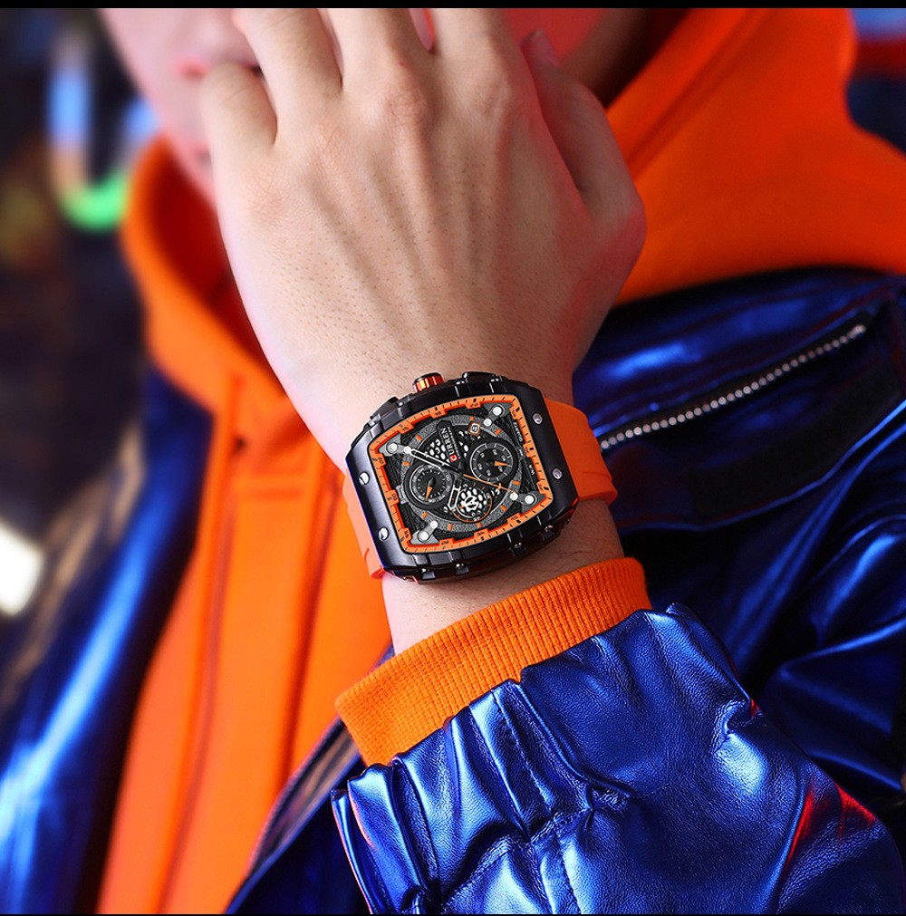 CURREN Men Sport Watch Rectangular Large Dial Hollow Skeleton Leather Waterproof