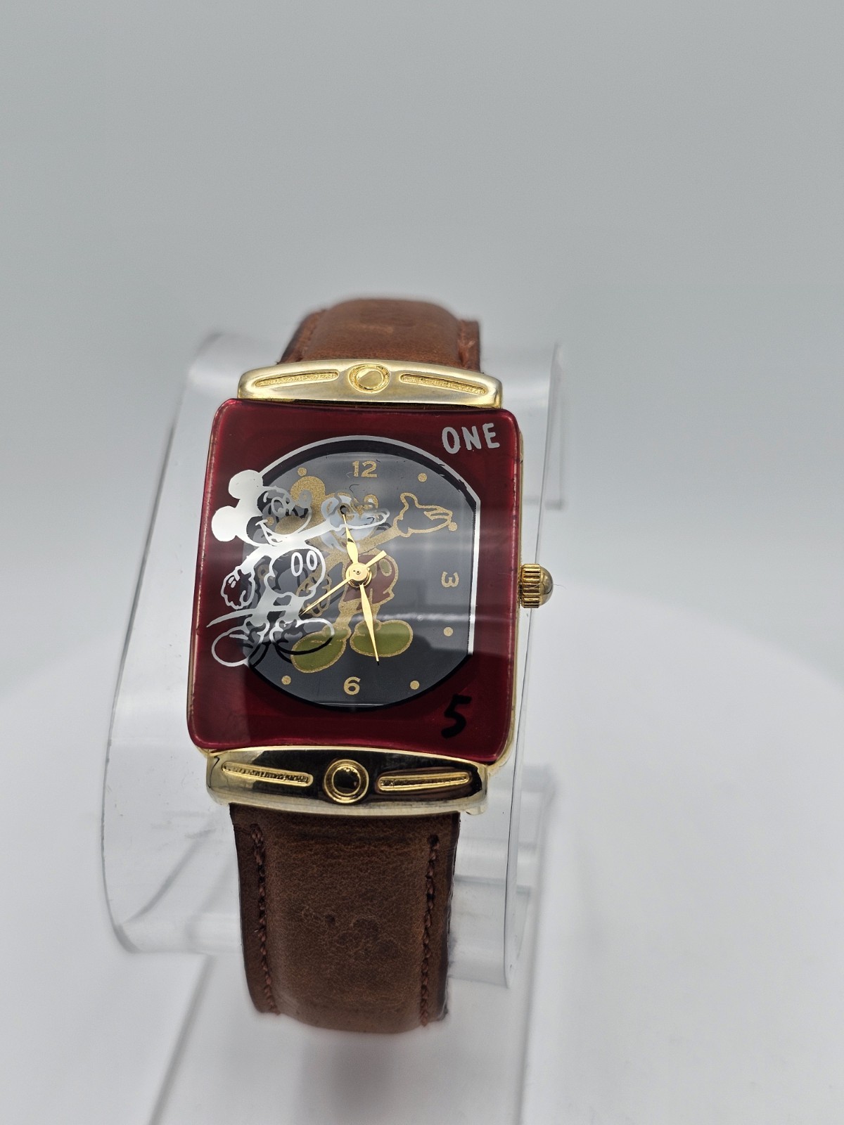 Disney Mickey Mouse Quartz Rectangle Red/Gold Tone Case Brown Leather Strap 25mm