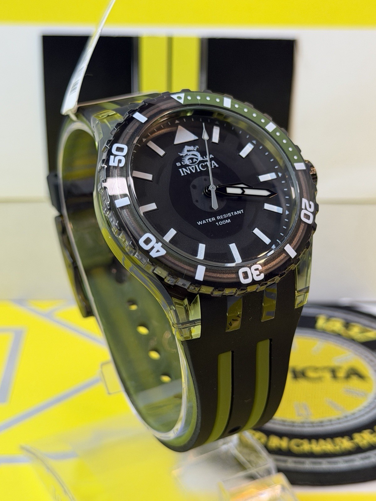 Invicta Subaqua Men’s Watch 44MM Green Transparent Case Black Dial 100M WR NEW!!