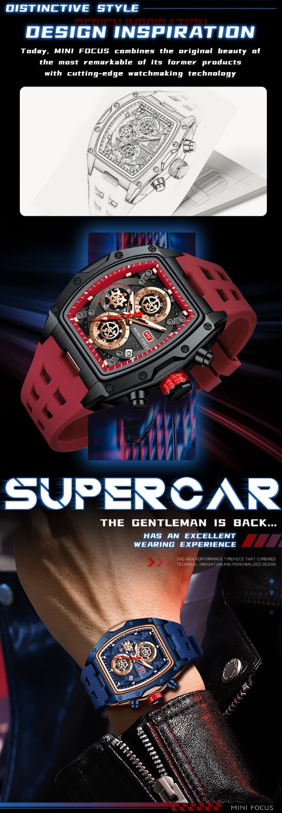 MINI FOCUS Men Tonneau Skeleton Multifunction Chronograph Calendar Quartz Watch