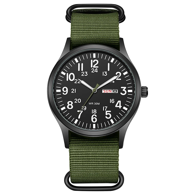 TPW Field Watch Quartz Movement Easy Read Dial 24 Hour Display Fabric Strap