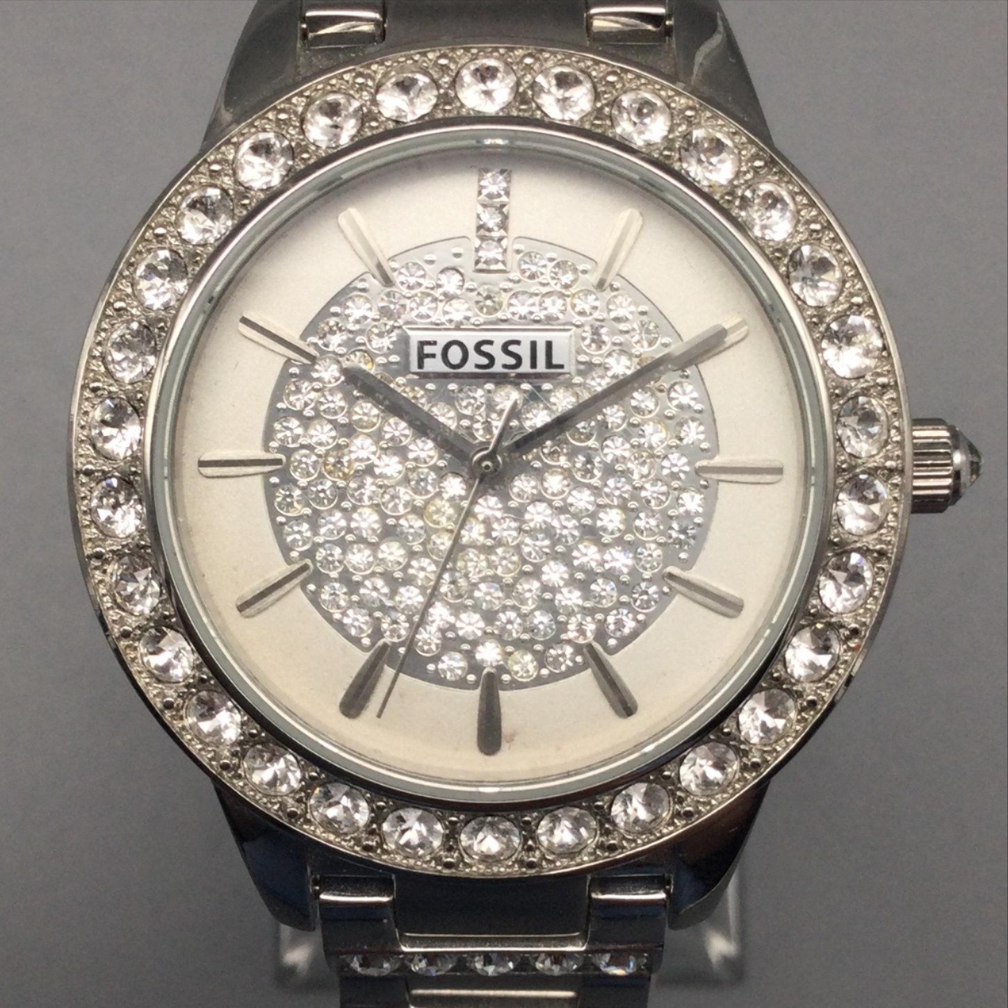 Fossil ES3097 Women Watch 34mm Silver Tone Crystals Stainless New Battery 7″