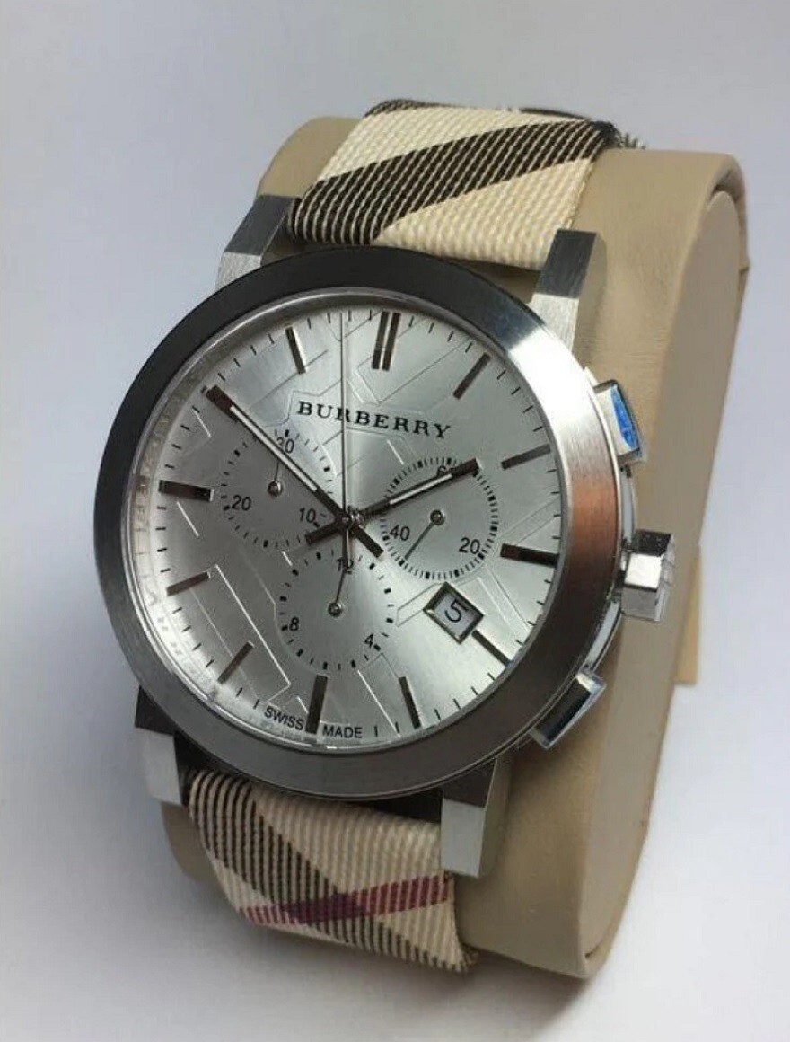 BURBERRY MENS WATCH MULTICOLOUR LEATHER AND FABRIC STRAP WITH SILVER DIAL BU9357