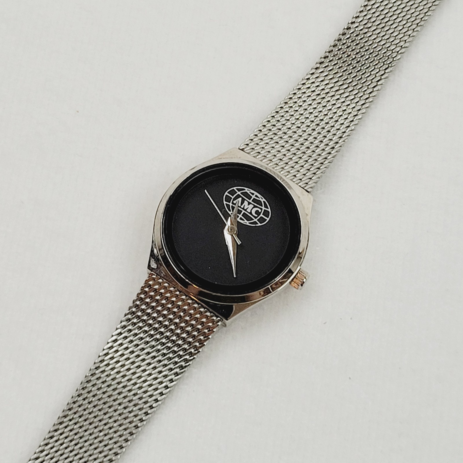 Vintage AMC Logo Wrist Watch Silver Tone Mesh Band Adjustable Classic Working