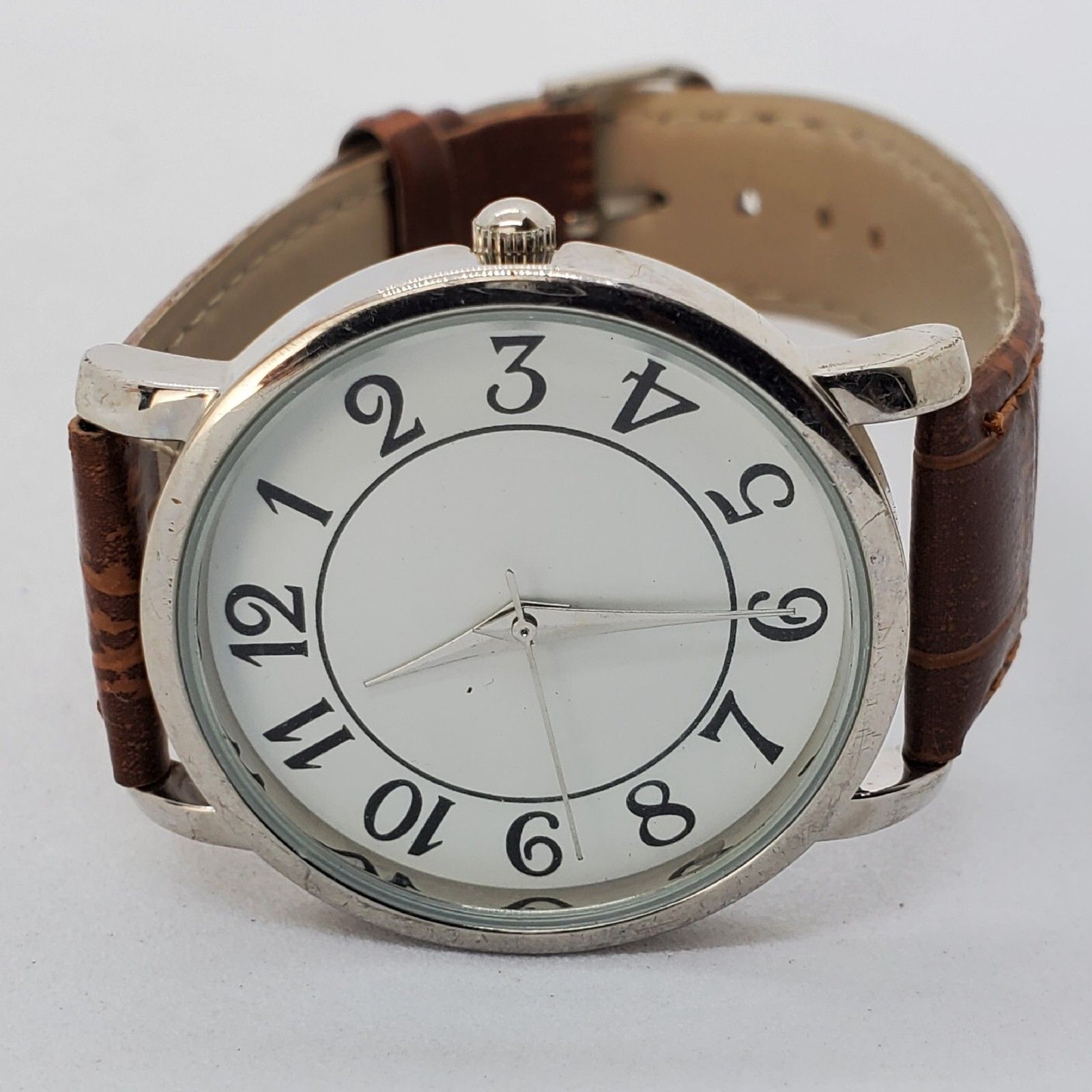 Women’s Watch 34MM White Dial Gray Case Brown Leather Bands New Battery