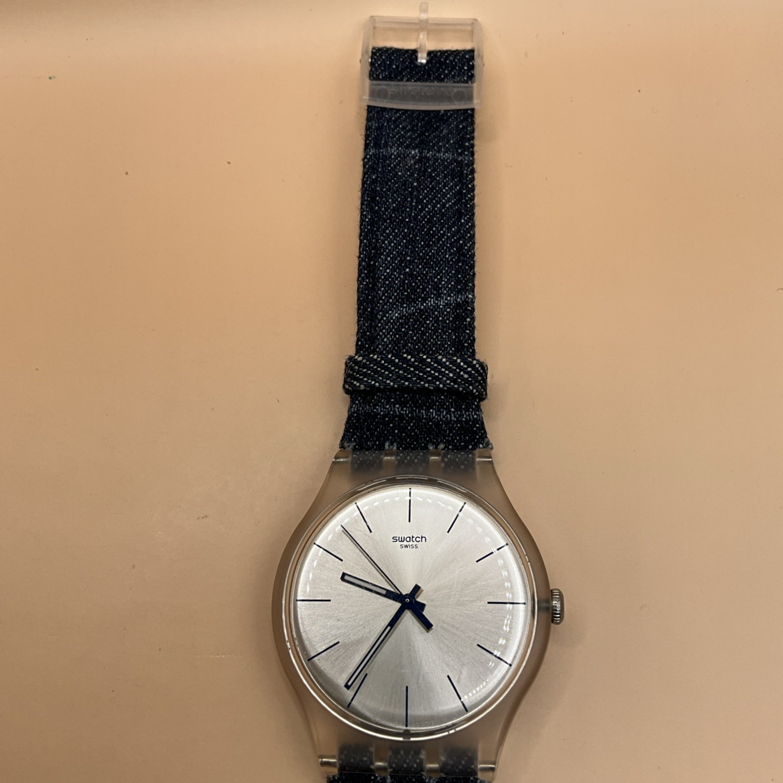Swatch AG-2012 Clear Case Silver Dial with Denim/Leather Band – New Battery
