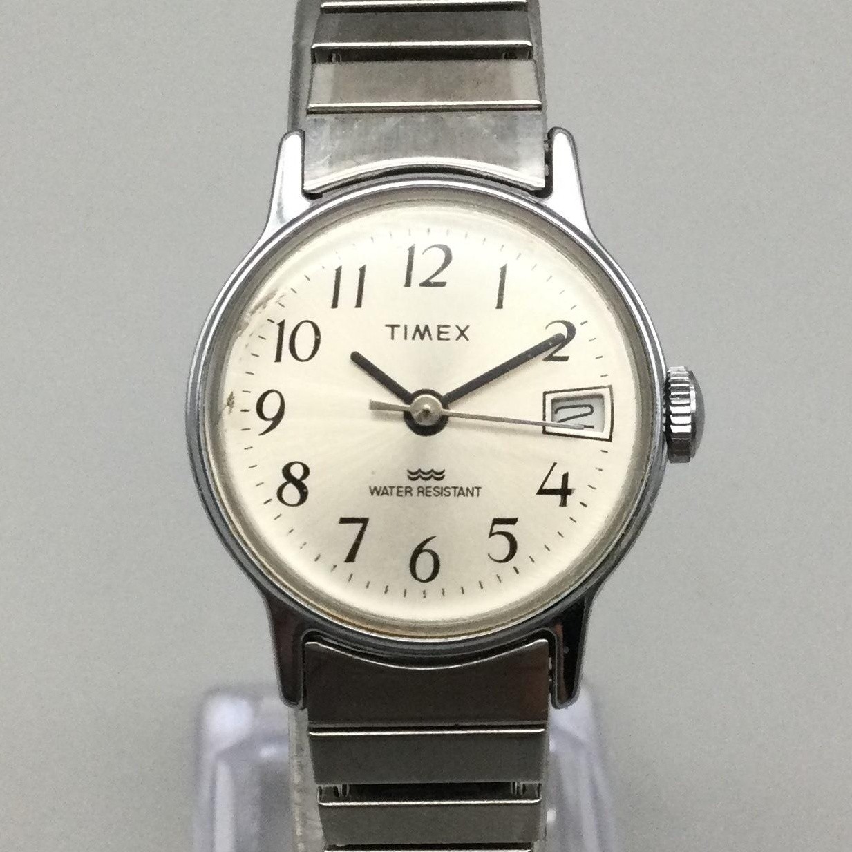 Timex Womens Watch 25mm Date Silver Tone Stretch Band Manual Wind