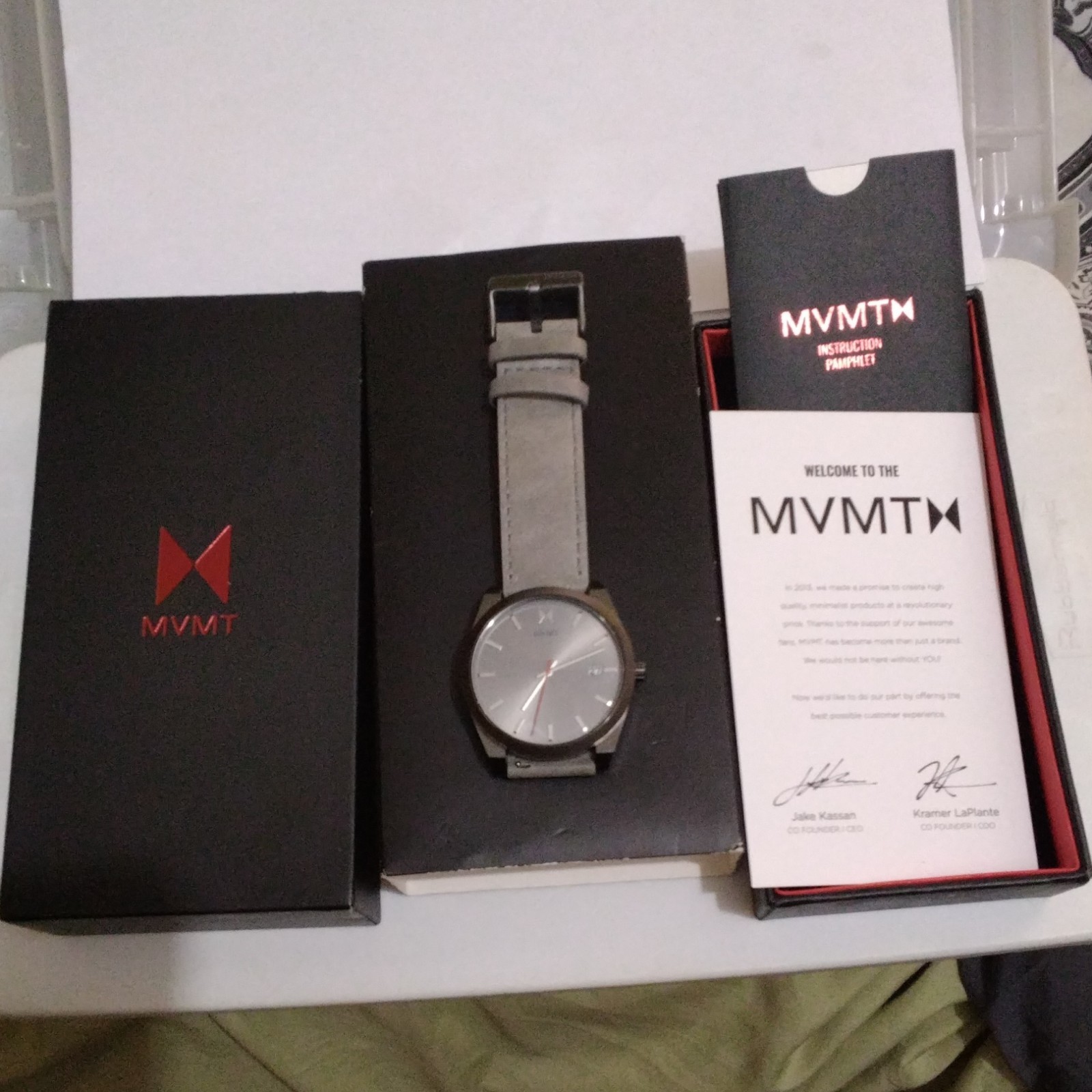 MVMT Men’s Quartz Wristwatch Gray Dial Black Case Gray Leather Strap Box/Papers