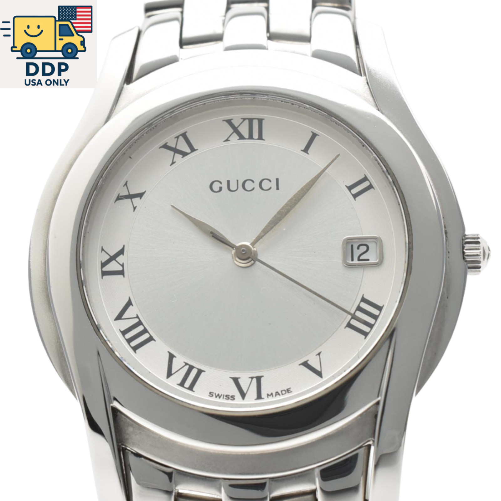 GUCCI 5500M Vintage Men’s Quartz Watch Silver Dial Date 35mm Japan [Near Mint]