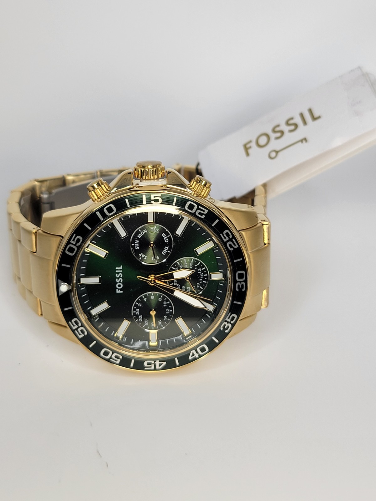 FOSSIL Bannon Mens Multifunction Watch Dark Green Dial Gold Stainless Steel Band