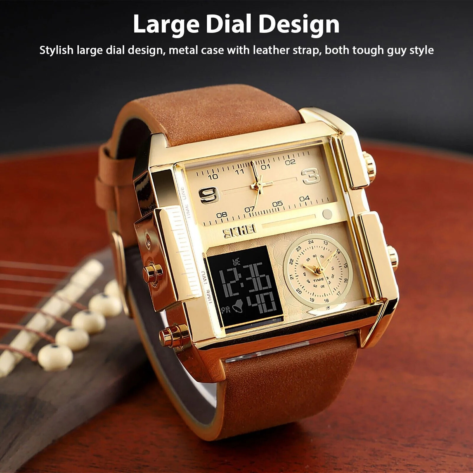 Men’s Triple Sub-Dial Quartz Watch Genuine Leather 3 Timezone Stopwatch Gold