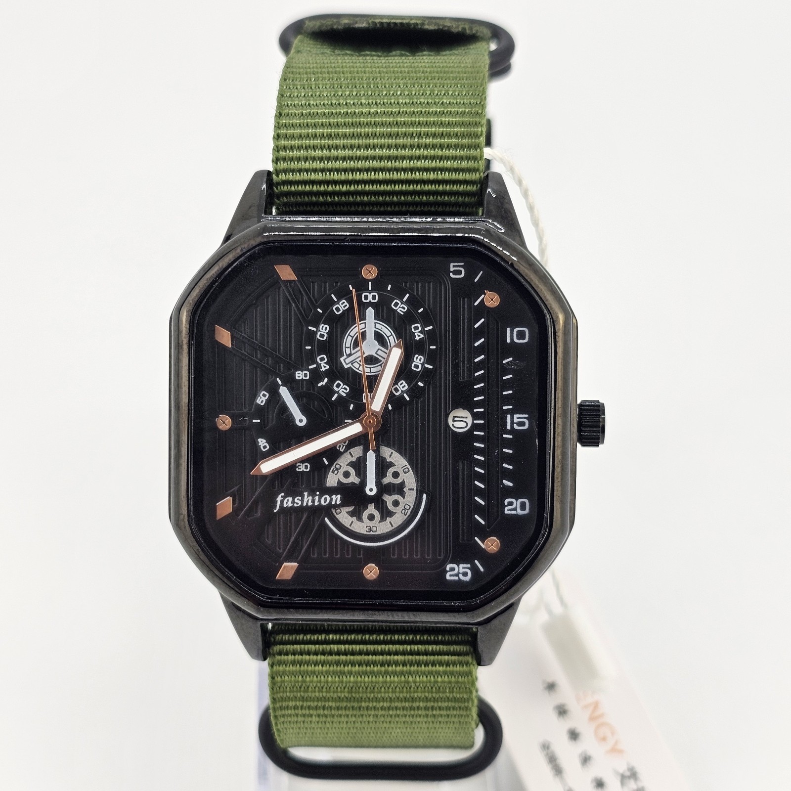 Men’s Watch 42MM Black Dial Black Case Date Army Green Canvas Band New Battery