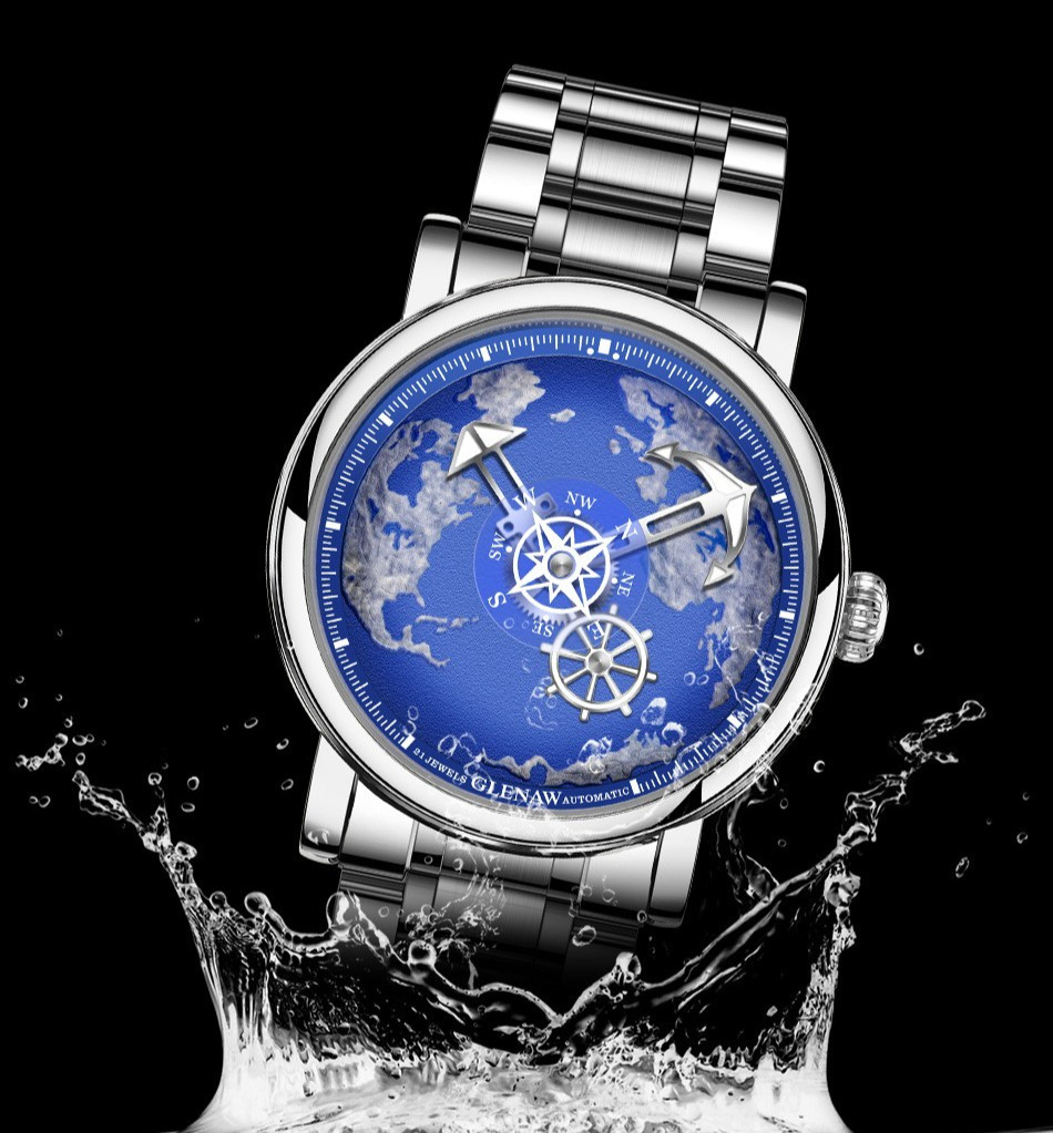 GLENAW Men’s Automatic Mechanical Watch Navigator Series Earth Dial Luminous