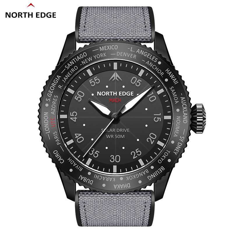 NORTH EDGE 2024 MACH Solar Powered Men’s Quartz Watch 5ATM Dual Time Pilot Sport