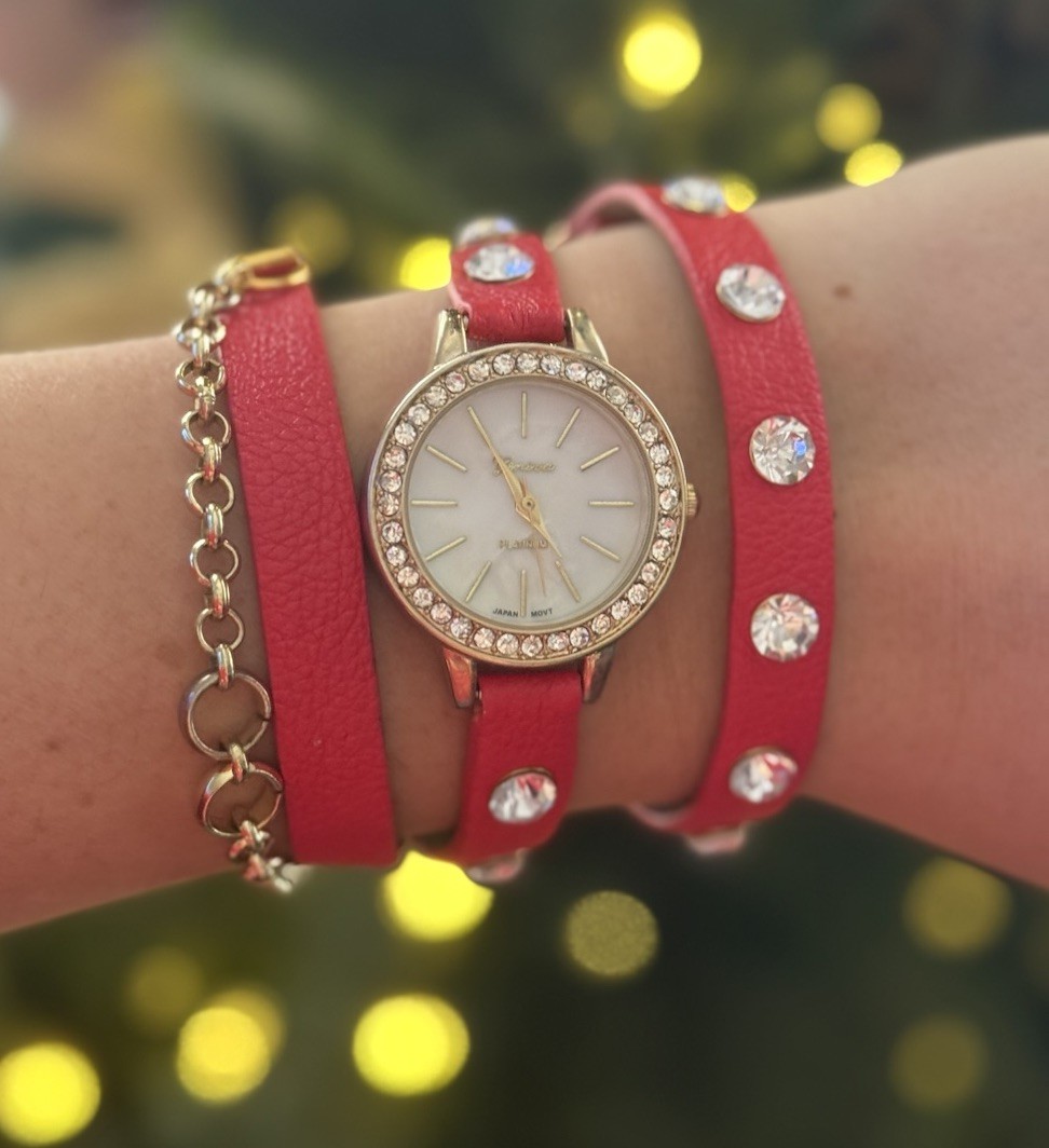 Geneva Platinum Leather Wrap Around Czech Rhinestones Chain Strappy Watch