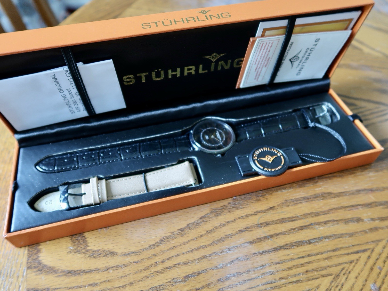 Stuhrling Original Women’s Quartz Dress Watch Black Leather Strap Box Manual