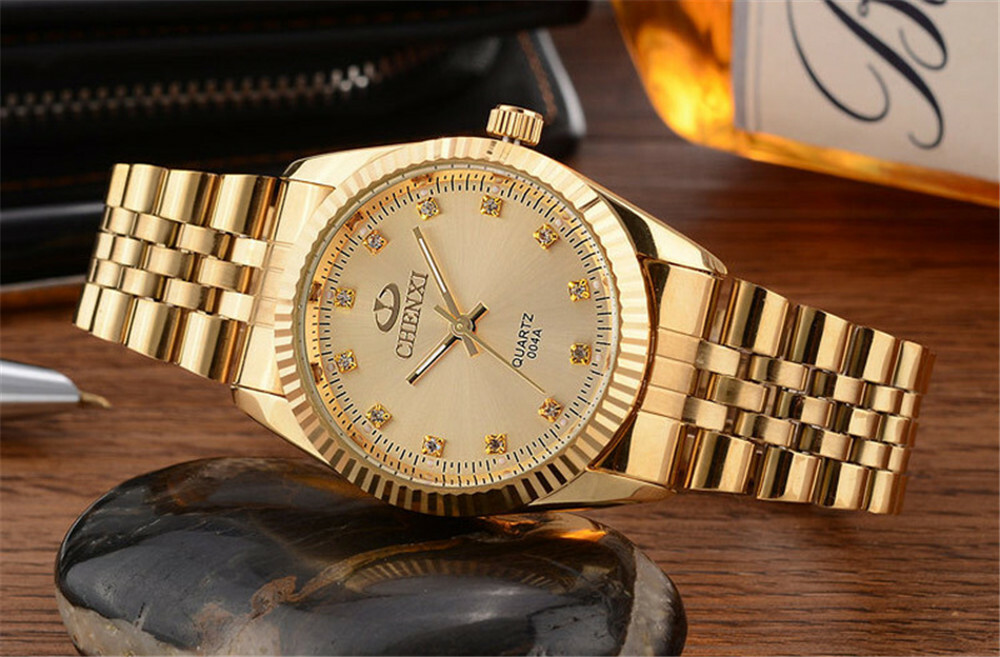 New Golden Watches Men Stainless Steel Case Brand Design Quartz Wrist Watch Gift