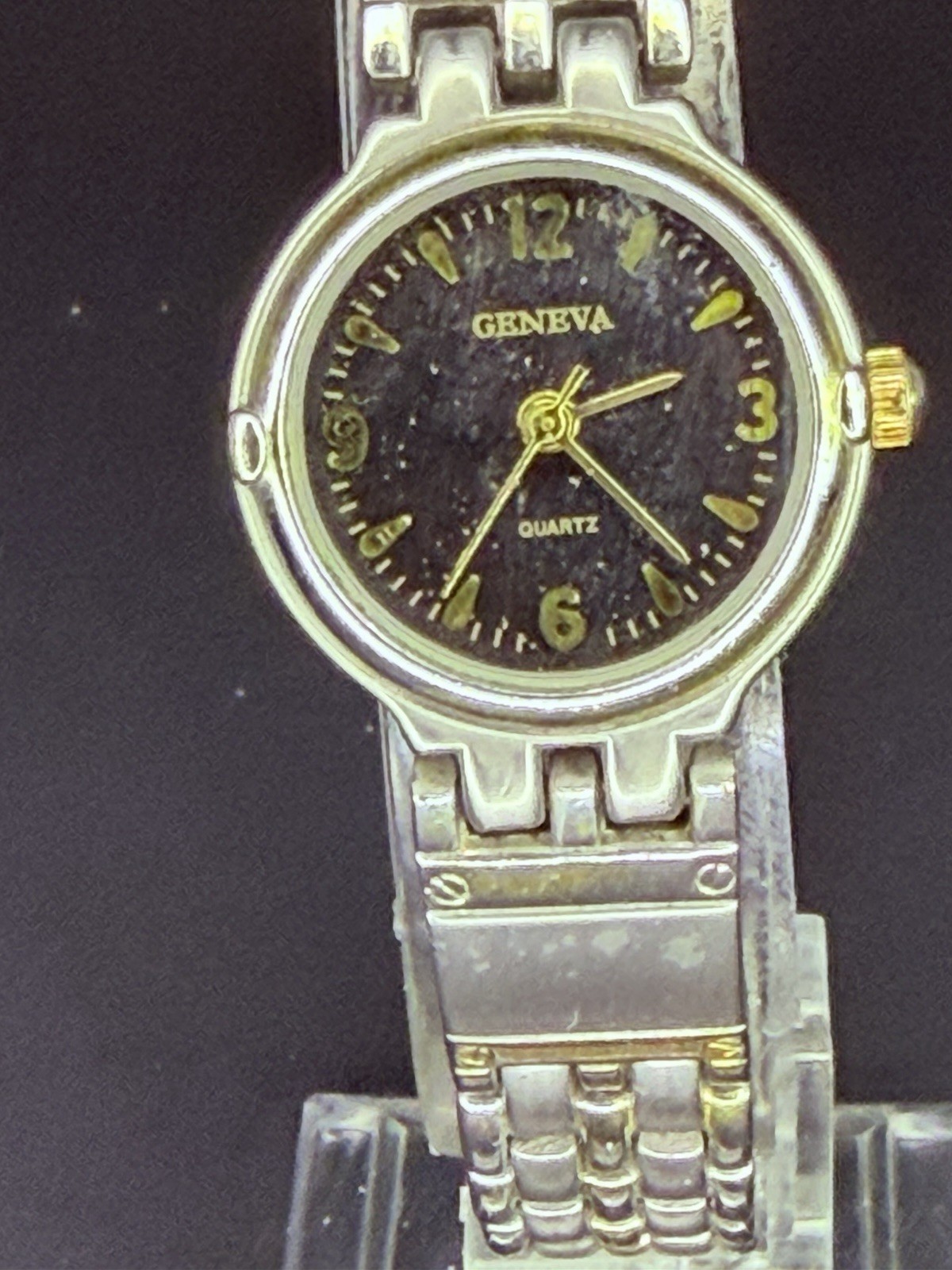 Geneva Women 23mm Silver Case NEW BATTERY Black Dial Link Bracelet 918