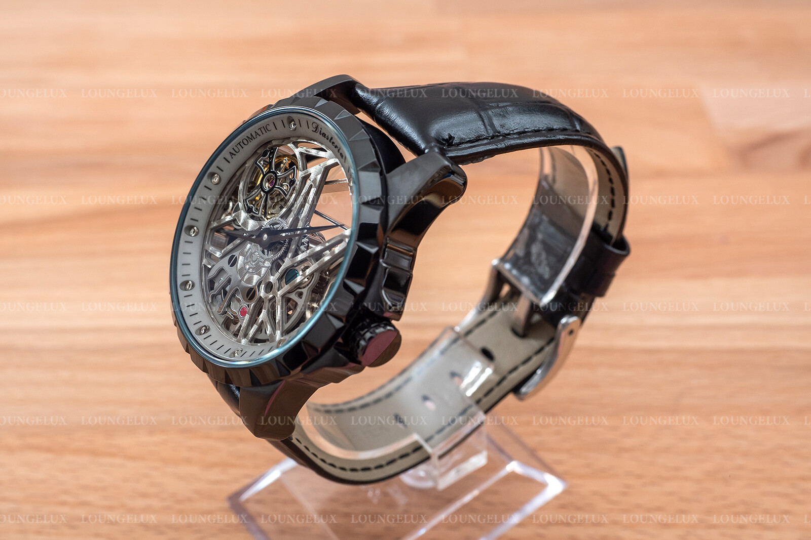 Mens Skeleton Automatic Mechanical Watch – Black Grey Dial Black Leather Strap