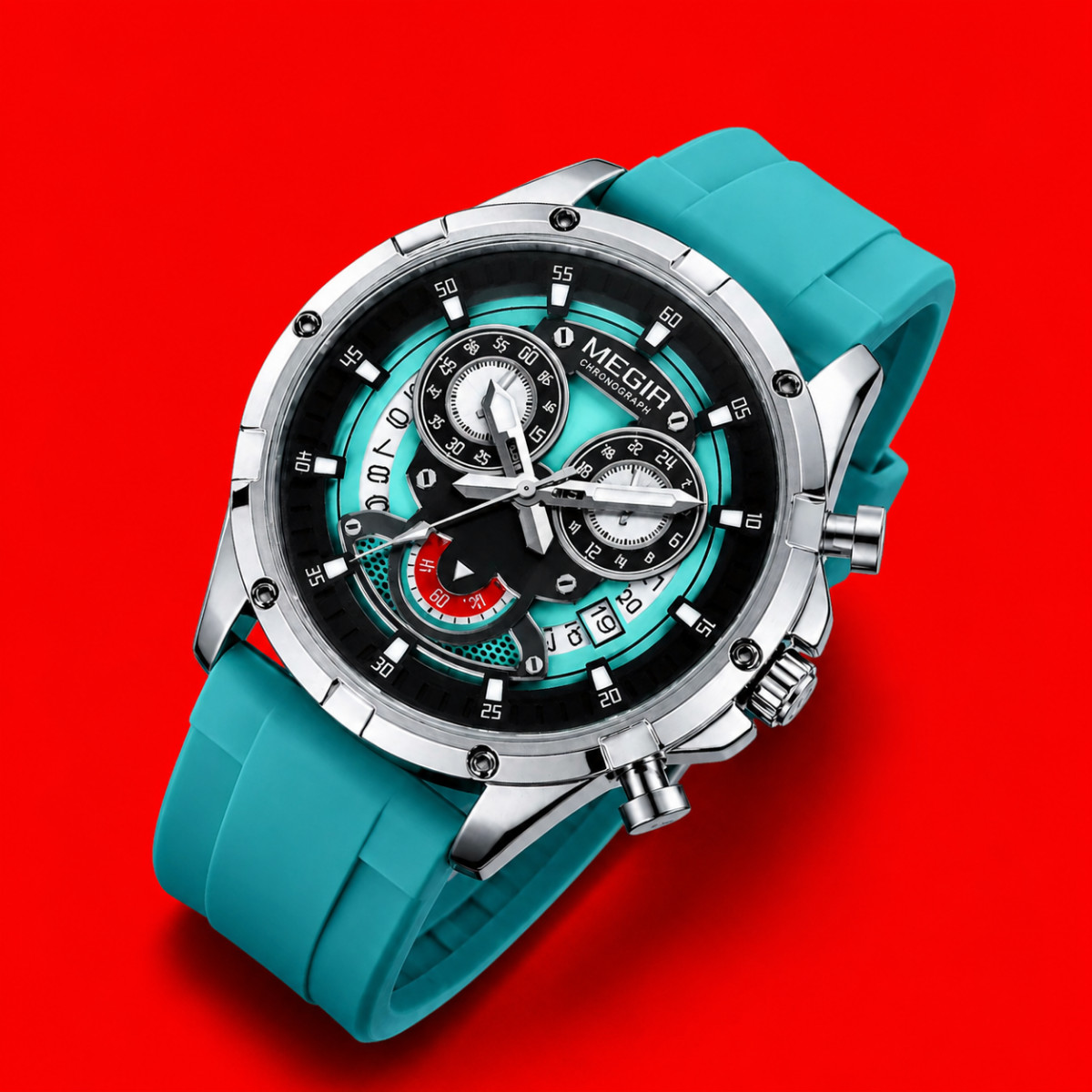 Men Sport Chronograph Watch Silicone Band Black Blue Green Teal Dial Wrist Megir